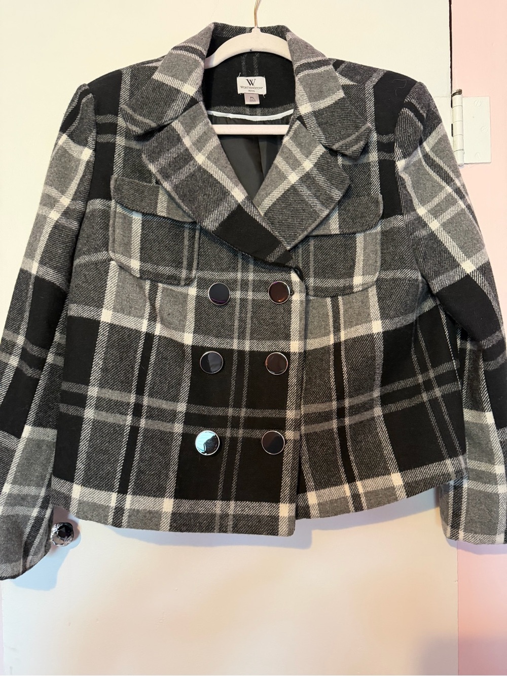 Worthington Women’s Gray & Black Plaid Double-Breasted Peacoat